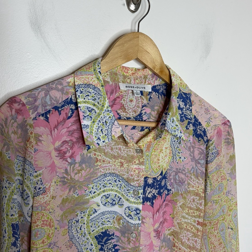 Rose And Olive Floral Paisley Print Blouse Top Womens Size L Chiffon Pastel - Picture 2 of 7